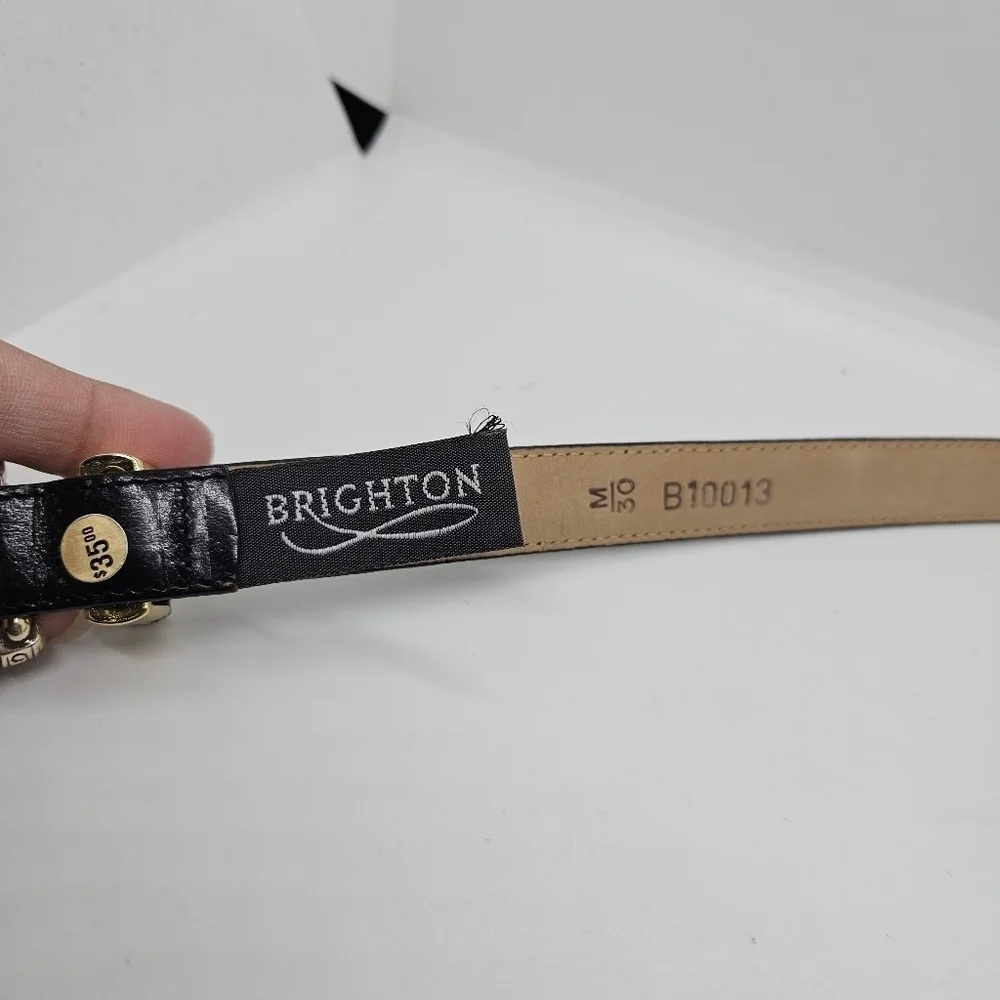 Brighton black leather belt with silver tone scrollwork buckle medium/30